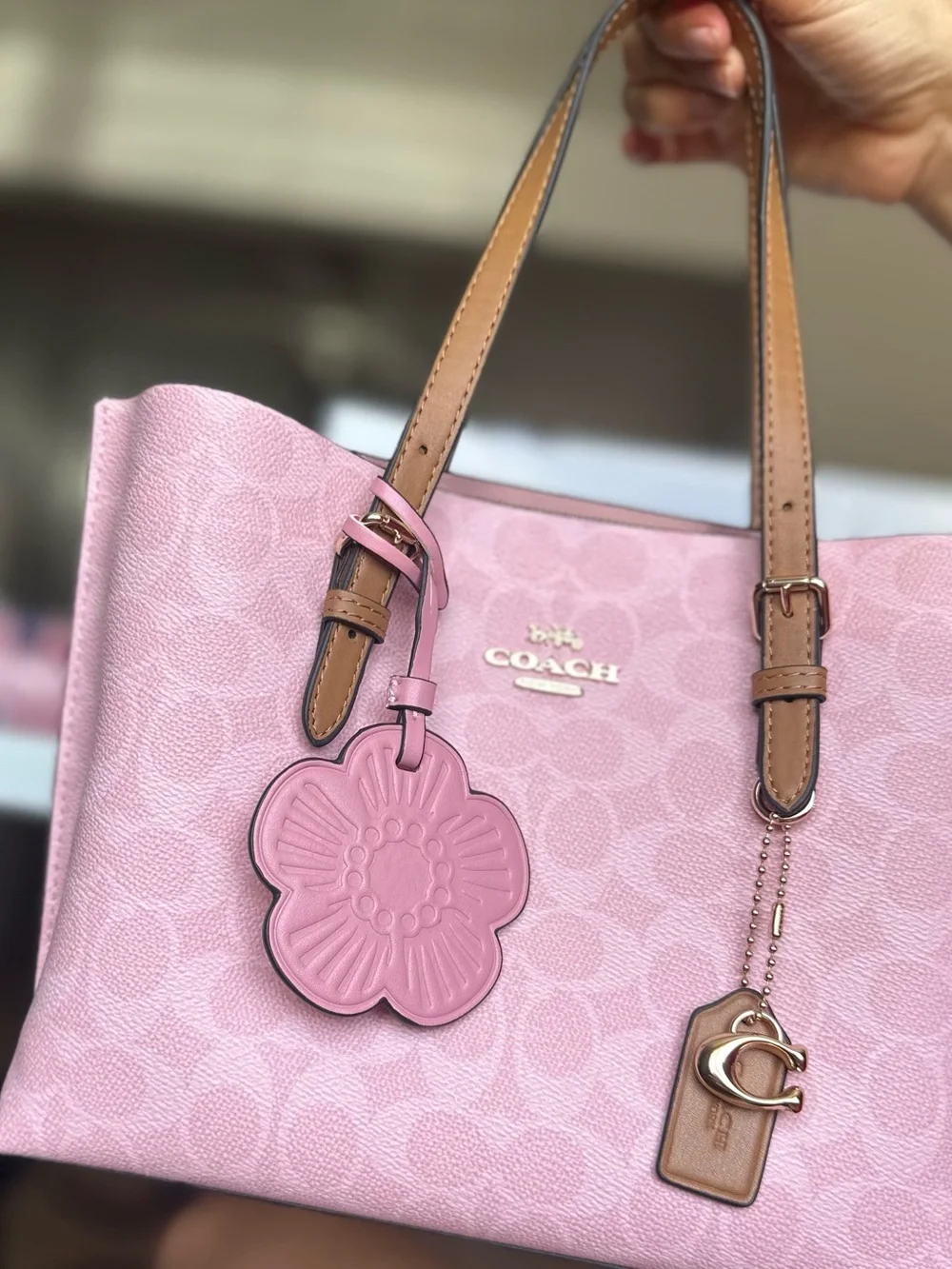 Coach Pink Signature Tote with Floral Charm and Tan Straps
